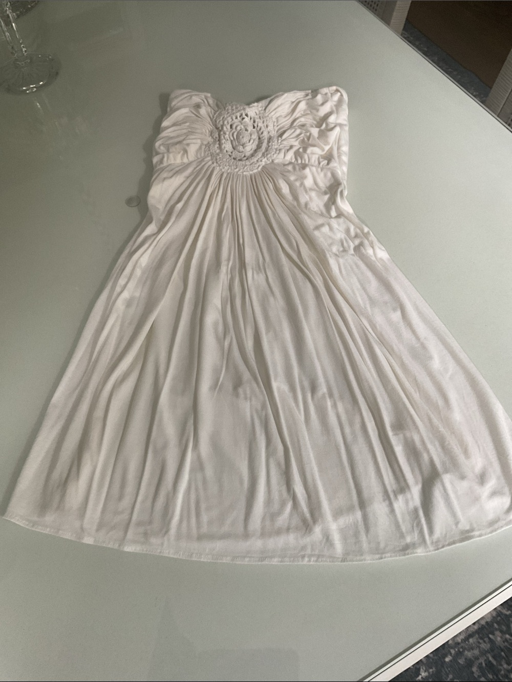 SKY DRESS XS. White  Strapless Crochet Detail Sundress - Picture 4 of 5